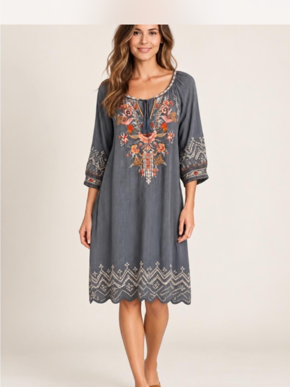 Johnny Was Slate Blue Embroidered Midi Dress